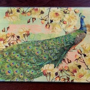 RARE Peacock Art Glass Serving Platter 12 x 9 In w Gold Sealant On Back